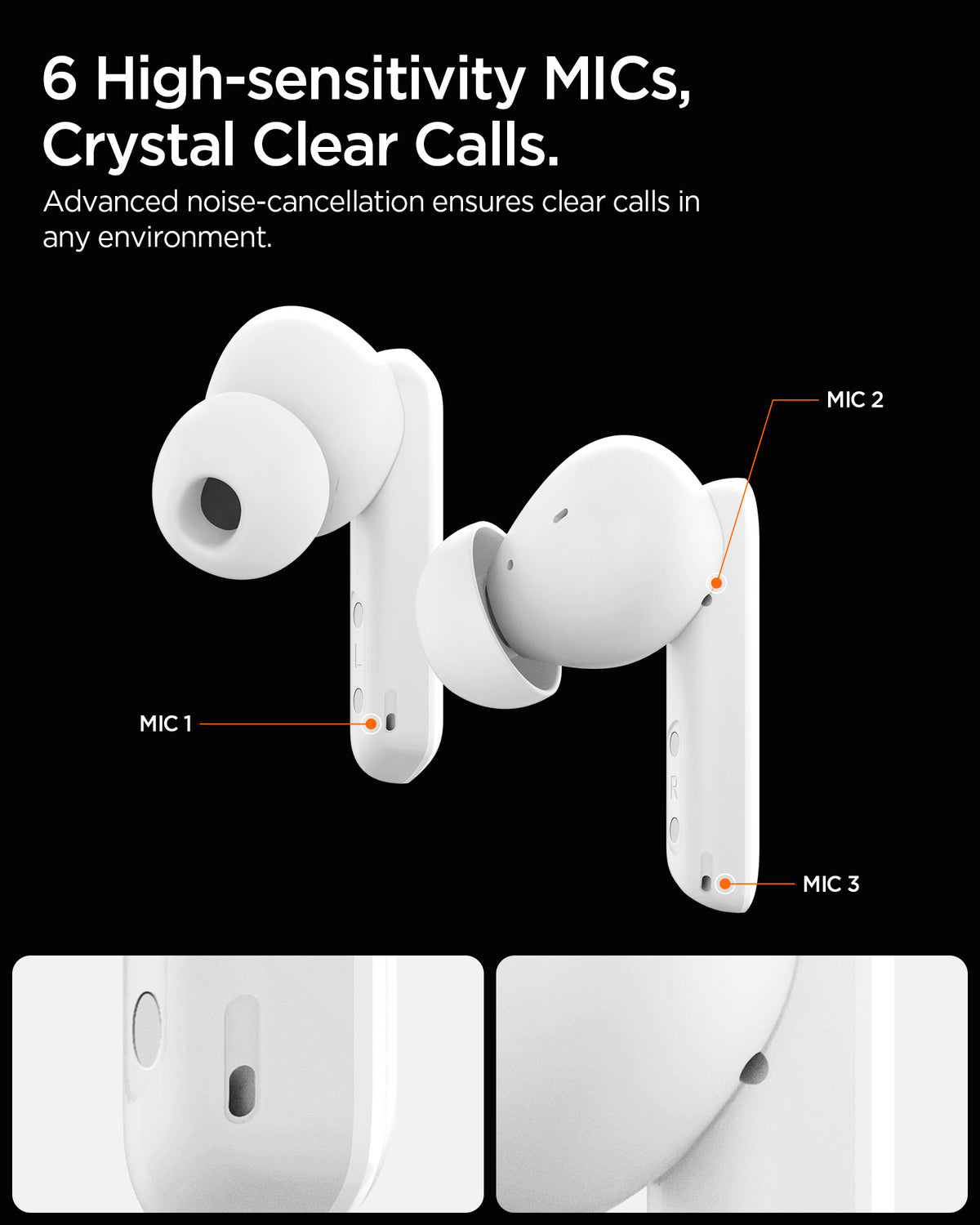 ASD07888 - Spigen True Wireless Earbuds SA2402 in Black showing the   6 High-sensitivity MIC's crystal clear calls. Advance noise-cancellation ensures clear calls in any environment