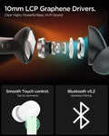 ASD07888 - Spigen True Wireless Earbuds SA2402 in Black showing the   10mm LCP Graphene Drivers. Clear Highs, Powerful Bass, HI-Fi Sound. Smooth Touch control. (tap to command) Bluetooth v5.2 Seamless Pairing