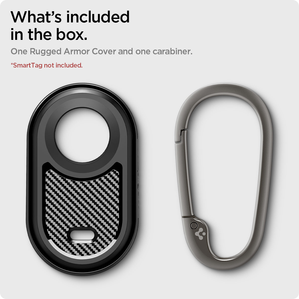 ACS06271 - Galaxy SmartTag 2 Case Rugged Armor in matte black what's included in the box. one rugged armor cover and one carabiner. Smart tag not included.
