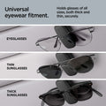 ACP08824 - Visor Sunglass Holder SH100 in Black showing the universal eyewear fitment, hold glasses of all sizes, both thick and thin, securely