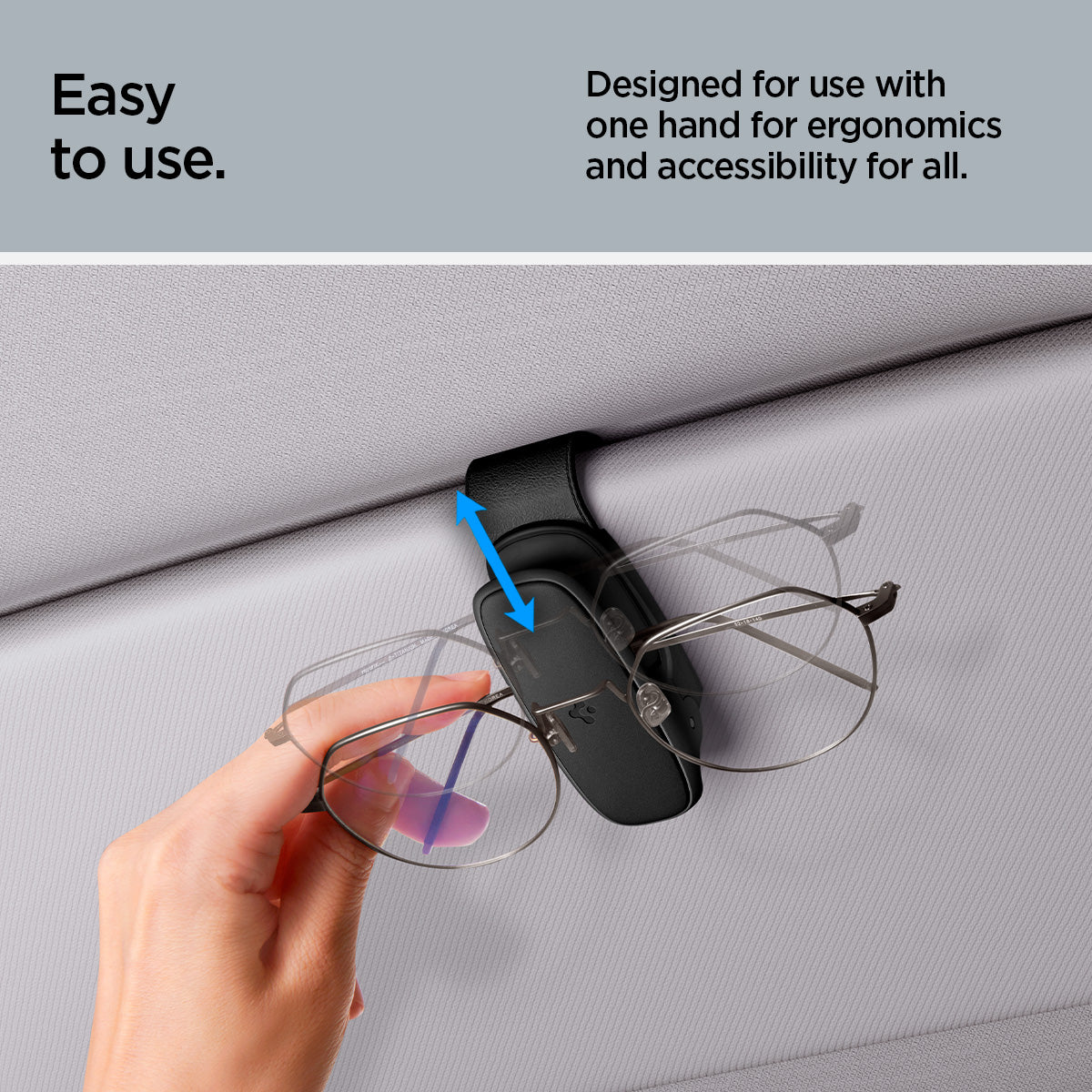 ACP08824 - Visor Sunglass Holder SH100 in Black showing the easy to use, designed for use with on hand for ergonomics and accessibility for all