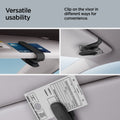 ACP08824 - Visor Sunglass Holder SH100 in Black showing the versatile usability.  Able to use as a clip for sunglasses, credit cards, or parking tickets.