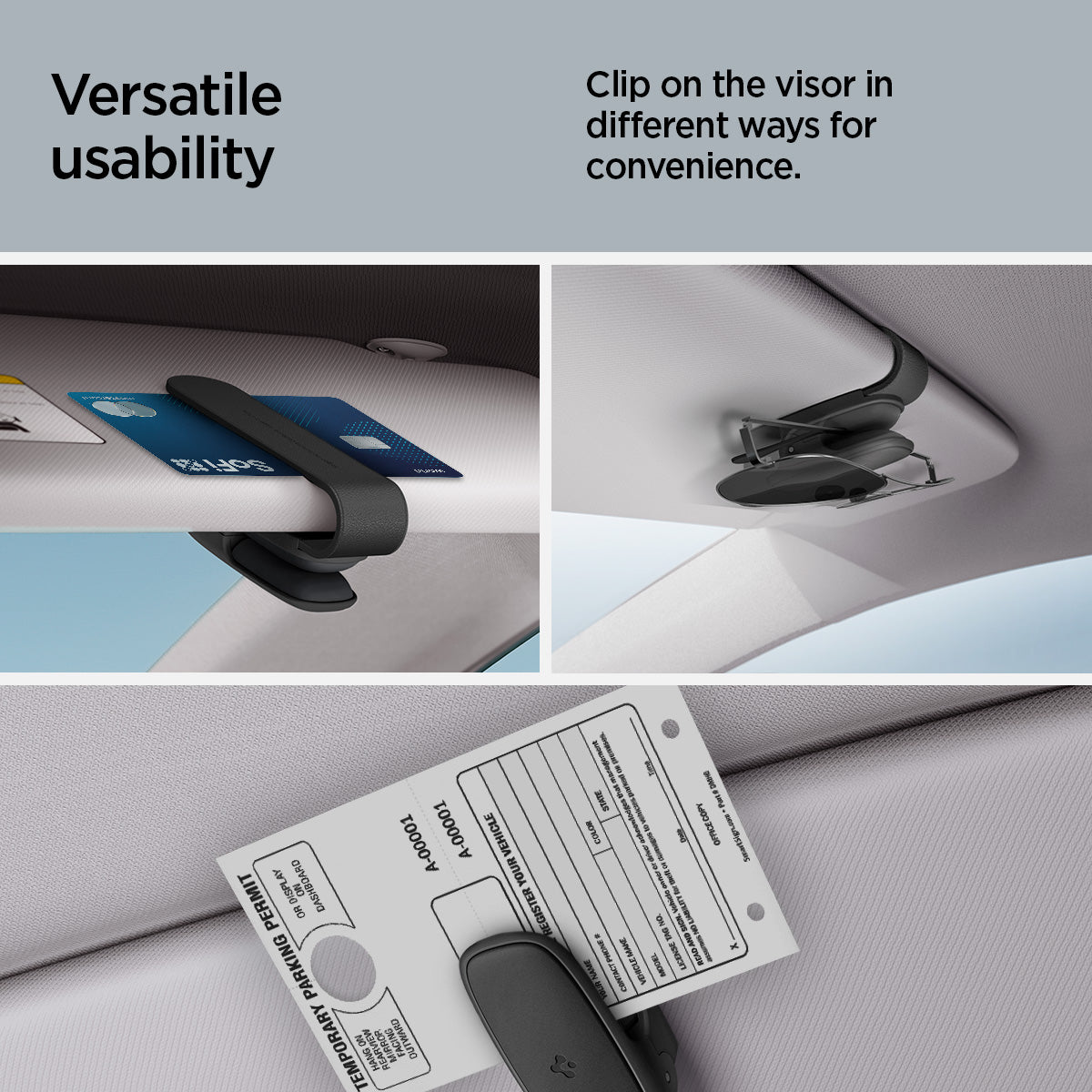 ACP08824 - Visor Sunglass Holder SH100 in Black showing the versatile usability.  Able to use as a clip for sunglasses, credit cards, or parking tickets.