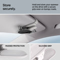 ACP08825 - Visor Sunglass Holder SH100 in Gray showing how to store securely, hold and store your eyewear on the drive with a secure grip even on bumpy roads, padded protection, keep your eyewear free from scratches