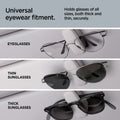 ACP08825 - Visor Sunglass Holder SH100 in Gray showing the universal eyewear fitment, hold glasses of all sizes, both thick and thin, securely