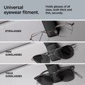ACP08826 - Visor Leather Sunglass Holder SH101 in Black showing the universal eyewear fitment, hold glasses of all sizes, both thick and thin, securely