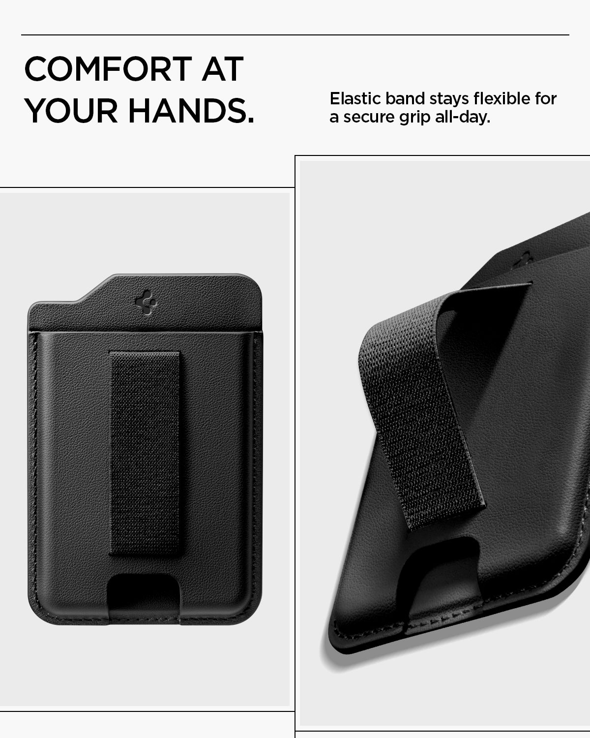 AFA10802  - MagSafe SleekBand Card Holder | 3 Cards (MagFit) in Dark Black showing comfort at your hands. elastic band stays flexible for a secure grip all day