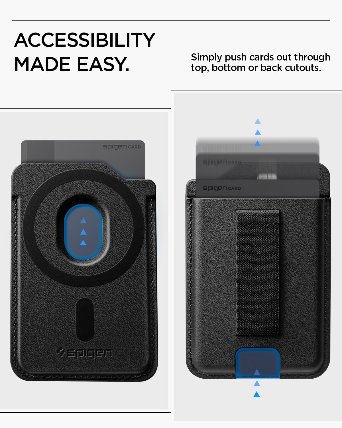 AFA10802  - MagSafe SleekBand Card Holder | 3 Cards (MagFit) in Dark Black showing accessibility made easy. simply push cards out through top bottom or back cutouts