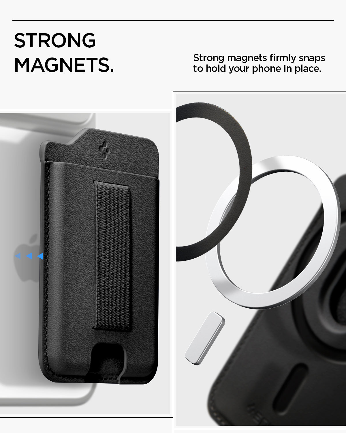 AFA10802  - MagSafe SleekBand Card Holder | 3 Cards (MagFit) in Dark Black showing strong magnets. strong magnets firmly snaps to hold your phone in place