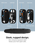 AFA05509 - Rugged Armor® Pro Slim Cable Organizer Bag in black showing the sleek, rugged design, slim showck-resistant shell keeps your tech gear safe, inside the bag are hidden pocket, suede finish, card holder, extra pocket, elastic straps, pen strap and multiple cable holders