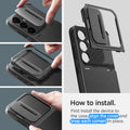 ACS07363 - Galaxy S24 Case Optik Armor in Black showing how to install. First, install the device to the case, align the cover and snap each corners in place