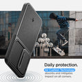 ACS07363 - Galaxy S24 Case Optik Armor in Black showing the daily protection. Air Cushion Technology absorbs and mitigates impact on all corners