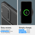 ACS07363 - Galaxy S24 Case Optik Armor in Black showing the easy access. Precise cutout for easy and quick access at your fingertips. Simply charge. Wireless, PowerShare and USB-C cable all check