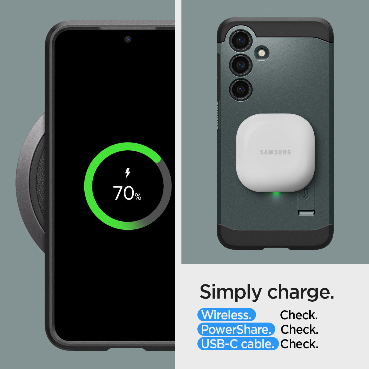 ACS07357 - Galaxy S24 Case Tough Armor in Abyss Green showing simply charge. Wireless, PowerShare and USB-C cable all check
