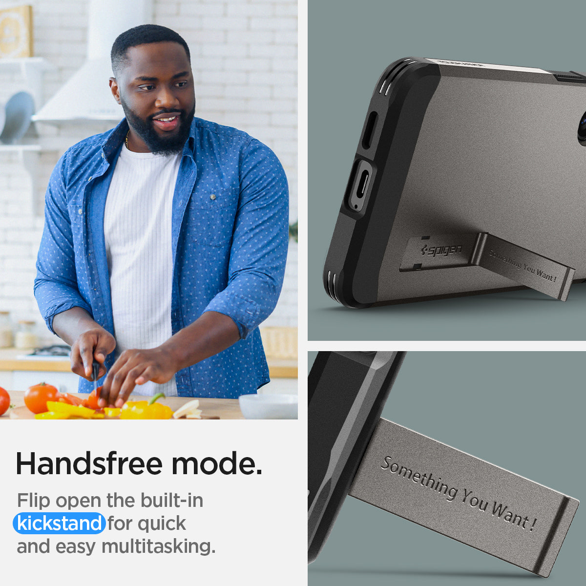 ACS07356 - Galaxy S24 Case Tough Armor in Gunmetal showing the handsfree mode. Flip open the built-in kickstand for quick and easy multitasking