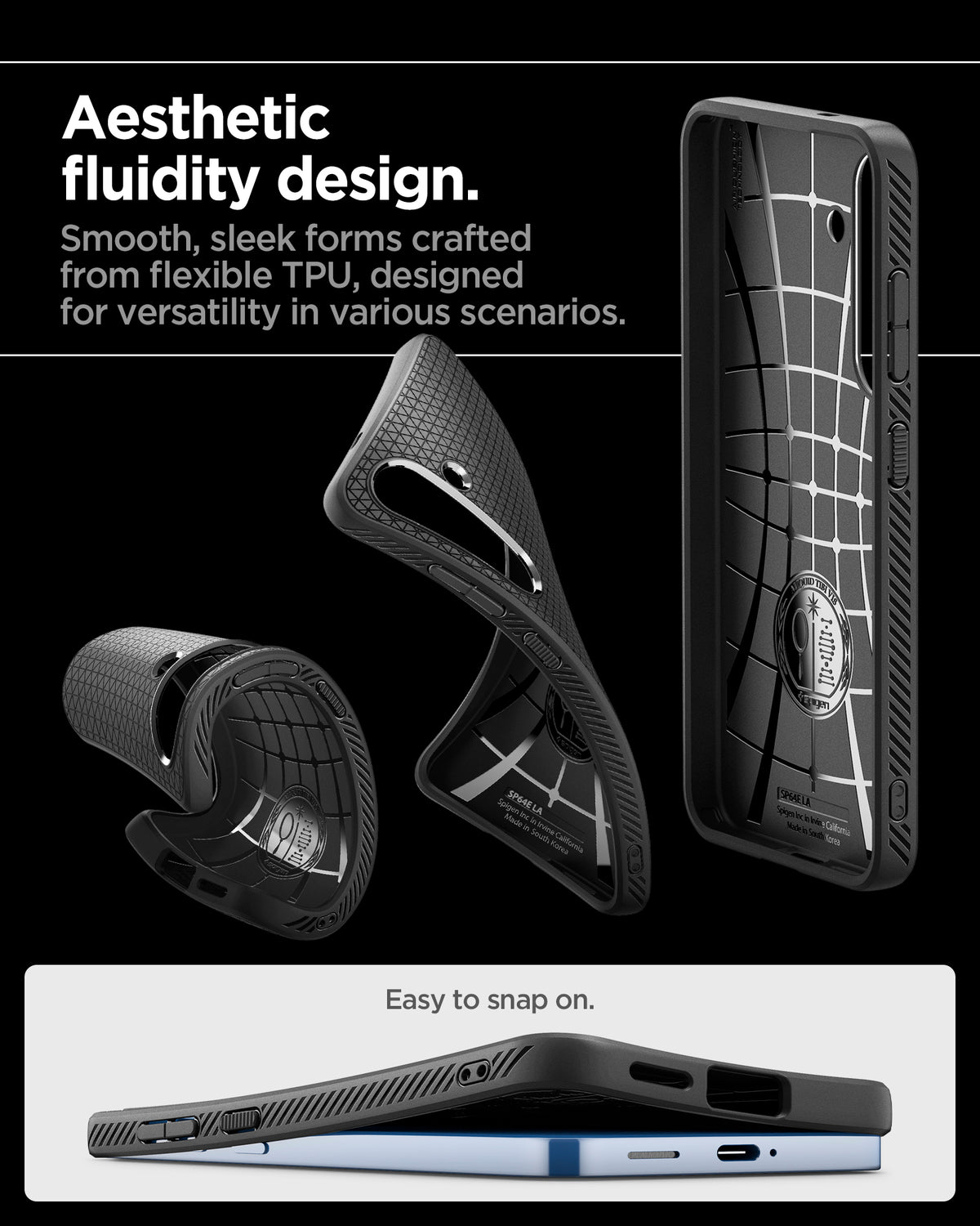 ACS09000 - Galaxy S25 Case Liquid Air in Matte Black showing the aesthetic fluidity design. Smooth, sleek forms crafted from flexible TPU, designed for versatility in various scenarios. East to snap on