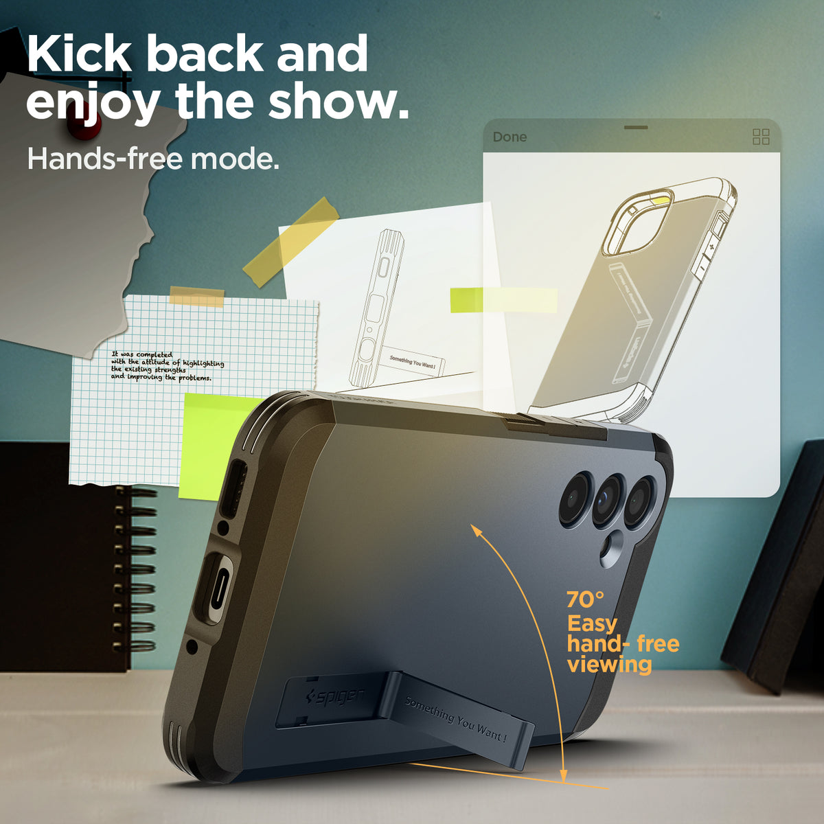 ACS05884 - Galaxy A54 5G Case Tough Armor in Metal Slate showing the 70 degrees easy hand-free viewing