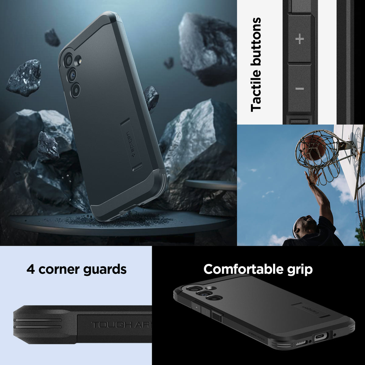 ACS05881 - Galaxy A54 5G Case Tough Armor in Black showing the tactile buttons with comfortable grip and 4 corner guards