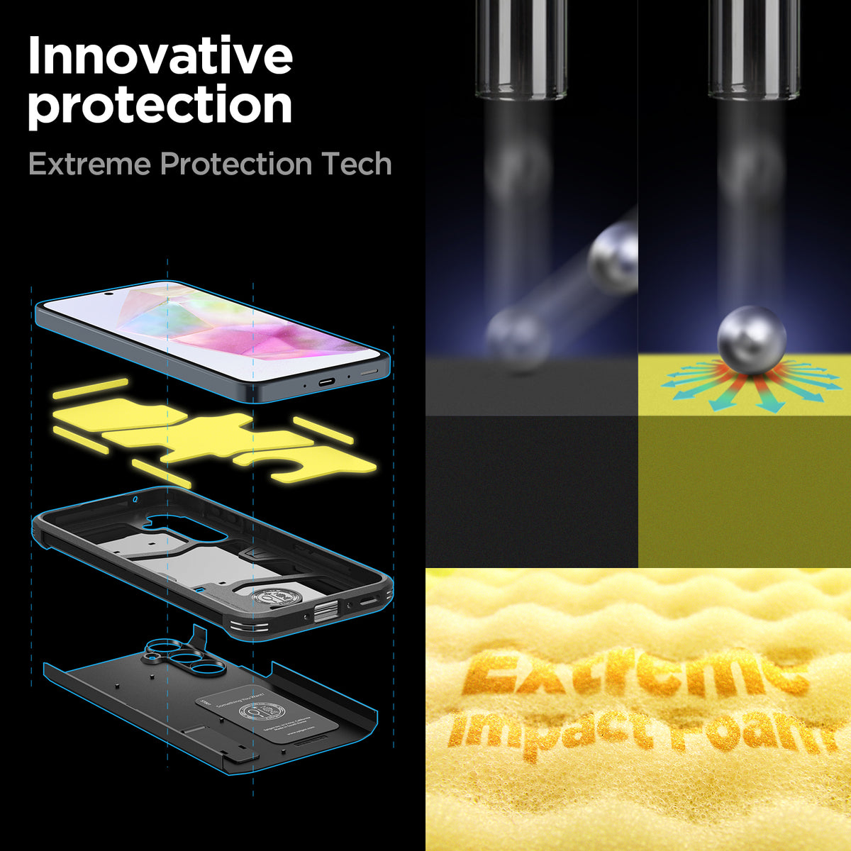 ACS07517 - Galaxy A35 5G Case Tough Armor in Black showing the innovative protection. Extreme Protection Tech