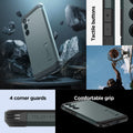 ACS07518 - Galaxy A35 5G Case Tough Armor in Abyss Green showing the tactile buttons with comfortable grip and 4 corner guards