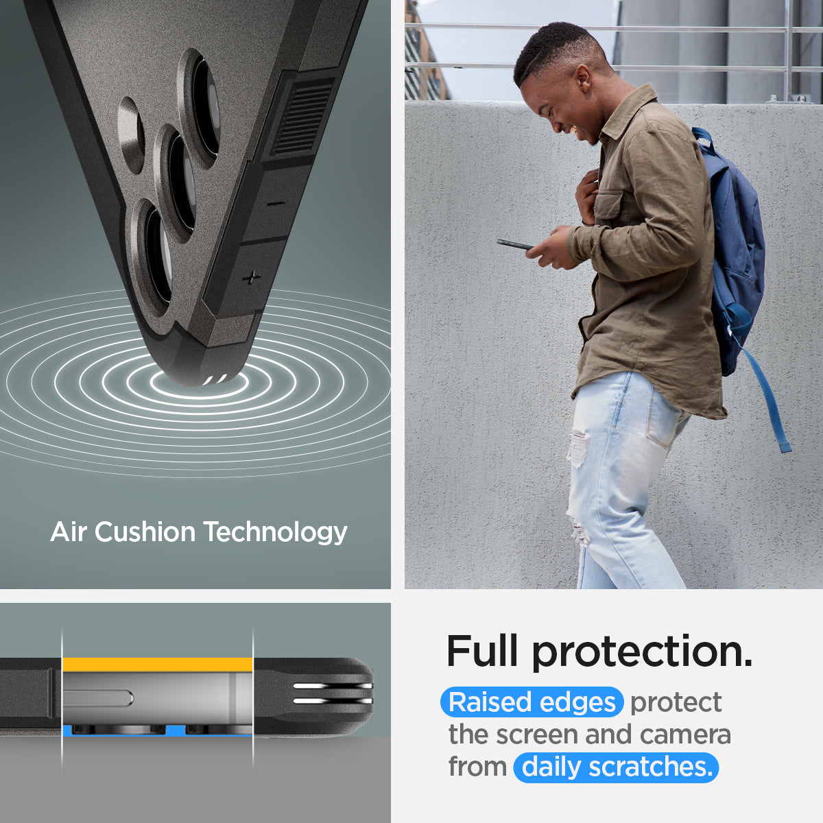 ACS07333 - Galaxy S24 Plus Case Tough Armor in Gunmetal showing the full protection. Raised edges protect the screen and camera from daily scratches with air cushion technology