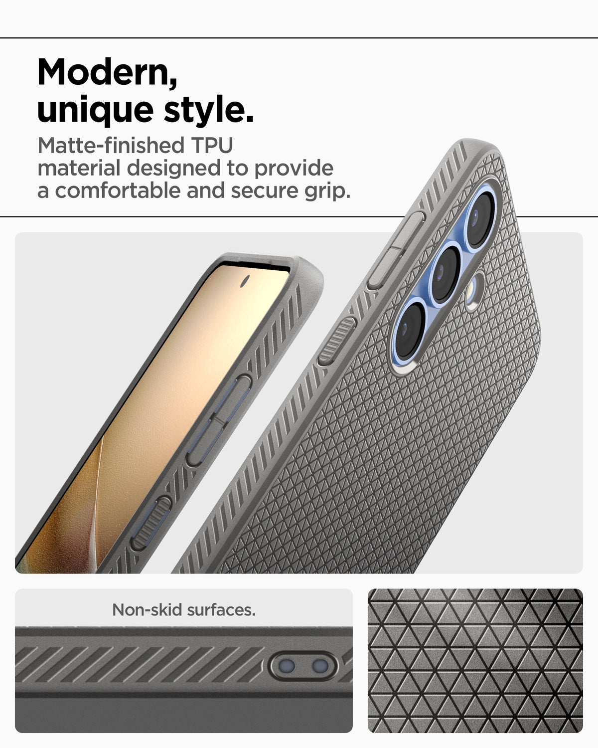 ACS08980 - Galaxy S25 Plus Case Liquid Air in Marble Gray showing the modern unique style. Matte-finished TPU material designed to provide a comfortable and secure grip. Non-skid surfaces