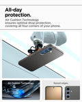 ACS08980 - Galaxy S25 Plus Case Liquid Air in Marble Gray showing the all-day protection. Air Cushion Technology ensures optimal drop protection, covering all four corners of your phone. Air Cushion Technology. Raised edges