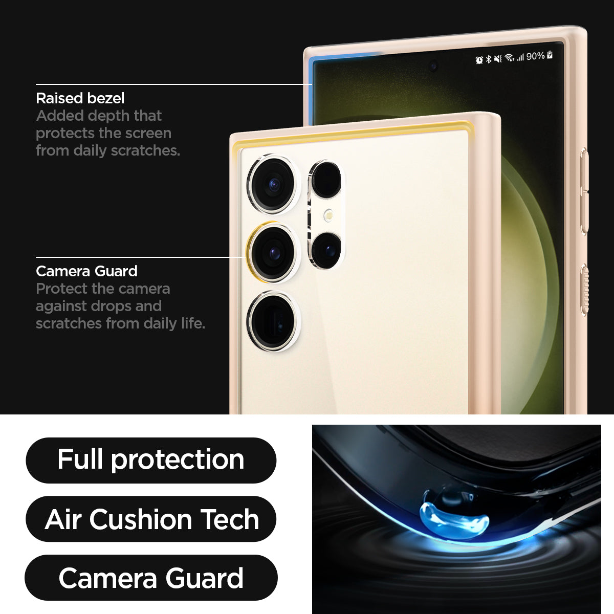 ACS06078 - Galaxy S23 Ultra Case Ultra Hybrid in sand beige  raised bezel added depth that protects the screen from daily scratches. camera guard protect the camera against drops and scratches from daily life. full protection. air cushion tech. camera guard. 