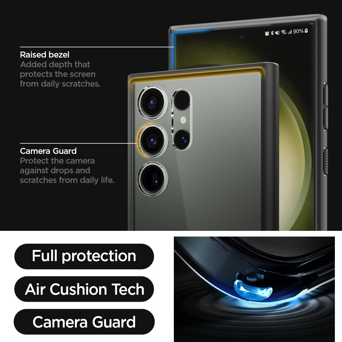 ACS05618 - Galaxy S23 Ultra Case Ultra Hybrid in black  raised bezel added depth that protects the screen from daily scratches. camera guard protect the camera against drops and scratches from daily life. full protection. air cushion tech. camera guard. 