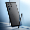ACS05619 - Galaxy S23 Ultra Case Ultra Hybrid in frost black  showing clear back with S pen.