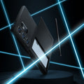 ACS07306 - Galaxy S24 Ultra Case Slim Armor CS in Black showing the back, partial side with card slider open with card inside and s pen hovering on the side