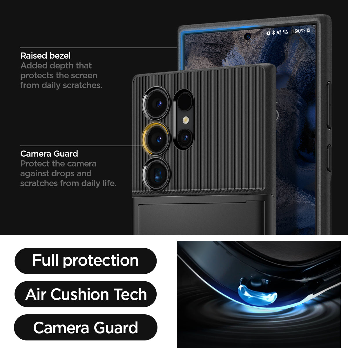 ACS07306 - Galaxy S24 Ultra Case Slim Armor CS in Black showing the full protection, air cushion tech and camera guard. Raised bezel - added depth that protects the screen from daily scratches