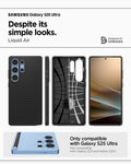 ACS08953 - Galaxy S25 Ultra Case Liquid Air in Matte Black showing the compatibility. Only compatible with Galaxy S25 Ultra and not compatible with Galaxy S25 and Galaxy S25+