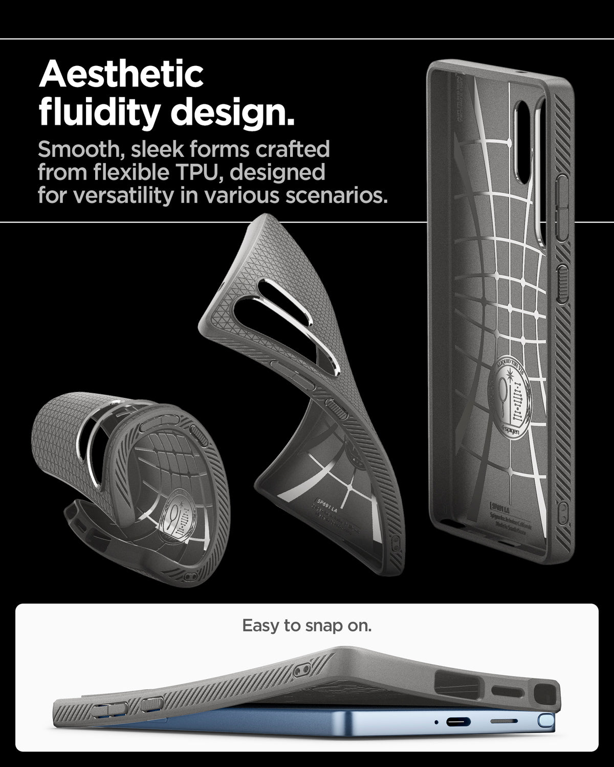 ACS08954 - Galaxy S25 Ultra Case Liquid Air in Marble Gray showing the aesthetic fluidity design. Smooth, sleek forms crafted from flexible TPU, designed for versatility in various scenarios. East to snap on