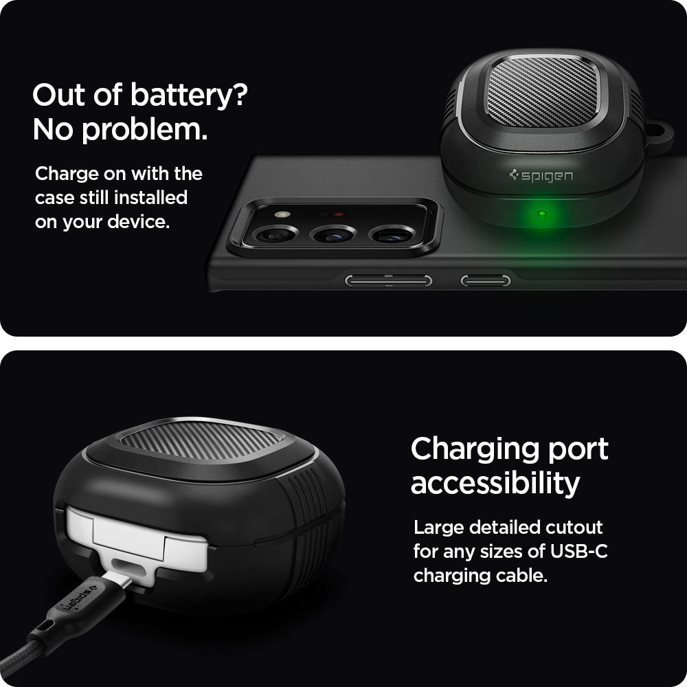 ASD01276 - Galaxy Buds 2 Pro / 2 / Pro / Live Case Rugged Armor in matte black Out of battery? No problem. Charge on with the case still installed on your device. Charging port accessibility. Large detailed cutout for any sizes of USB-C charging cable.