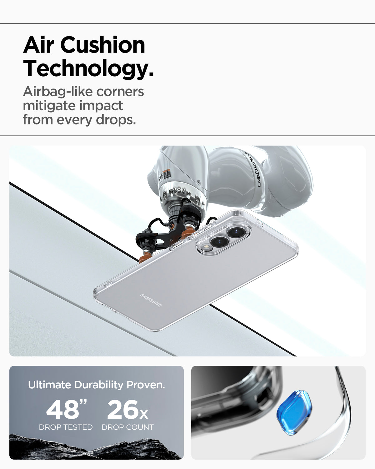 ACS09425 - Galaxy S25 Edge Case Liquid Crystal in Crystal Clear showing the Air Cushion Technology. Airbag-like corners mitigate impact from every drops. Ultimate Durability Proven. 48" drop tested 26x drop count