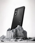 ACS09422 - Galaxy S25 Edge Case Tough Armor AI (MagFit) in Black showing the back and partial side, device sitting on the rock