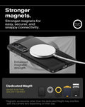 ACS09422 - Galaxy S25 Edge Case Tough Armor AI (MagFit) in Black showing the stronger magnets for easy, securer, and snappy connectivity. Enhanced magnet strength. Magnetic accessories other than the dedicated Magfit may interfere with the camera lens depending on their size 