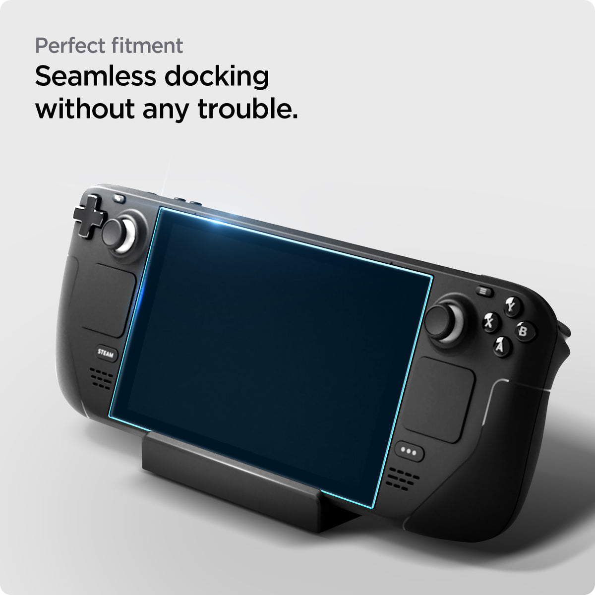 AGL05600 - Steam Deck Screen Protector EZ FIT GLAS.tR showing the  perfect fitment. Seamless docking without any trouble