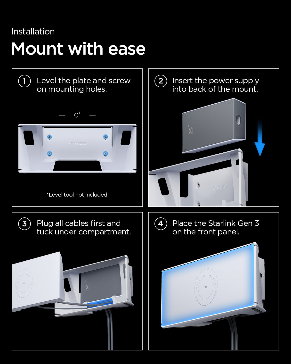 AMP09408 - Starlink Gen 3 Mount | STL310 in White  showing the installation 4 step process of mounting.  