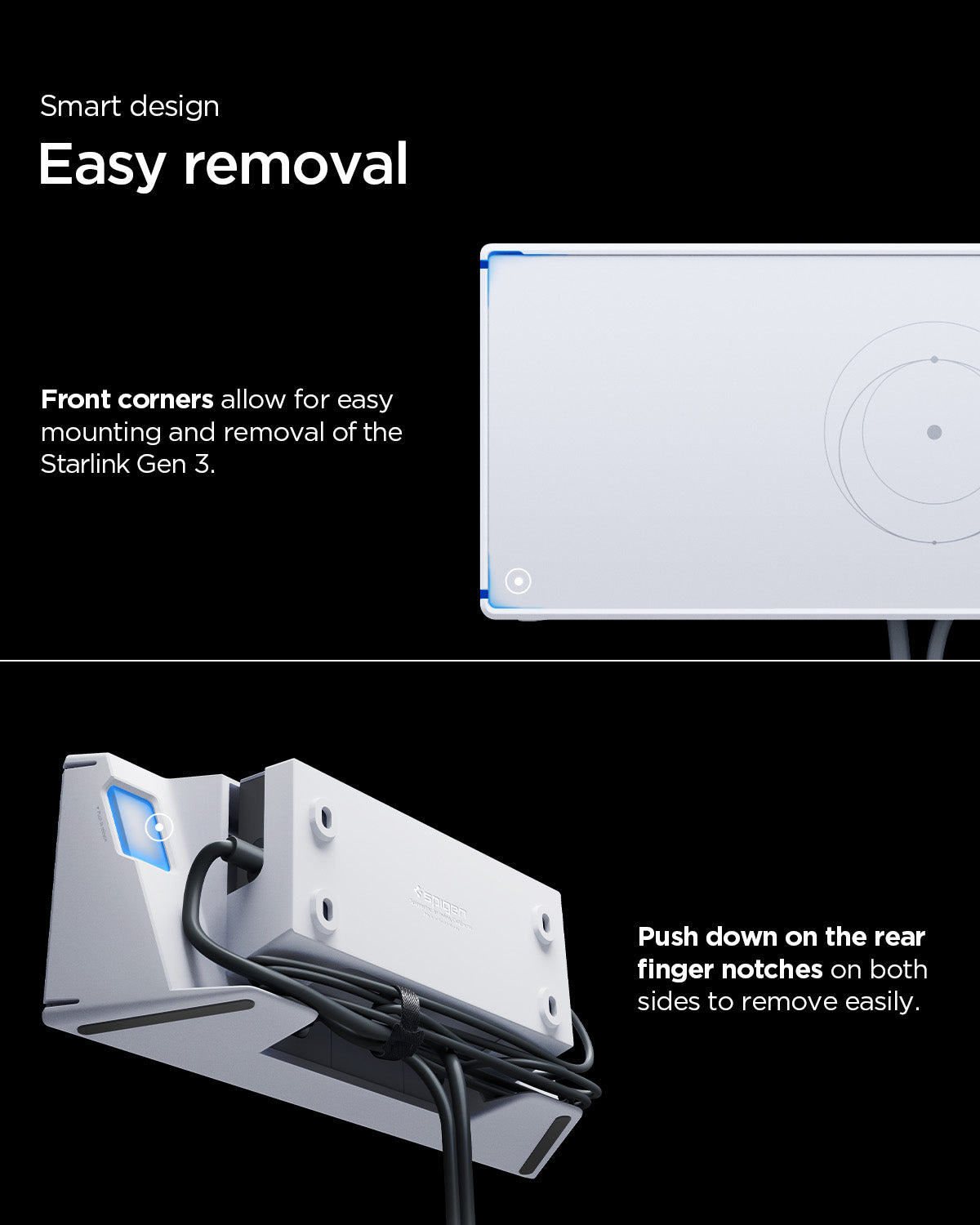 AMP09408 - Starlink Gen 3 Mount | STL310 in White showing its smart design with easy removal.  The front corners allow for easy mounting and removal of the Starlink Gen 3.  Push down on the rear finger notches on both sides to remove easily.