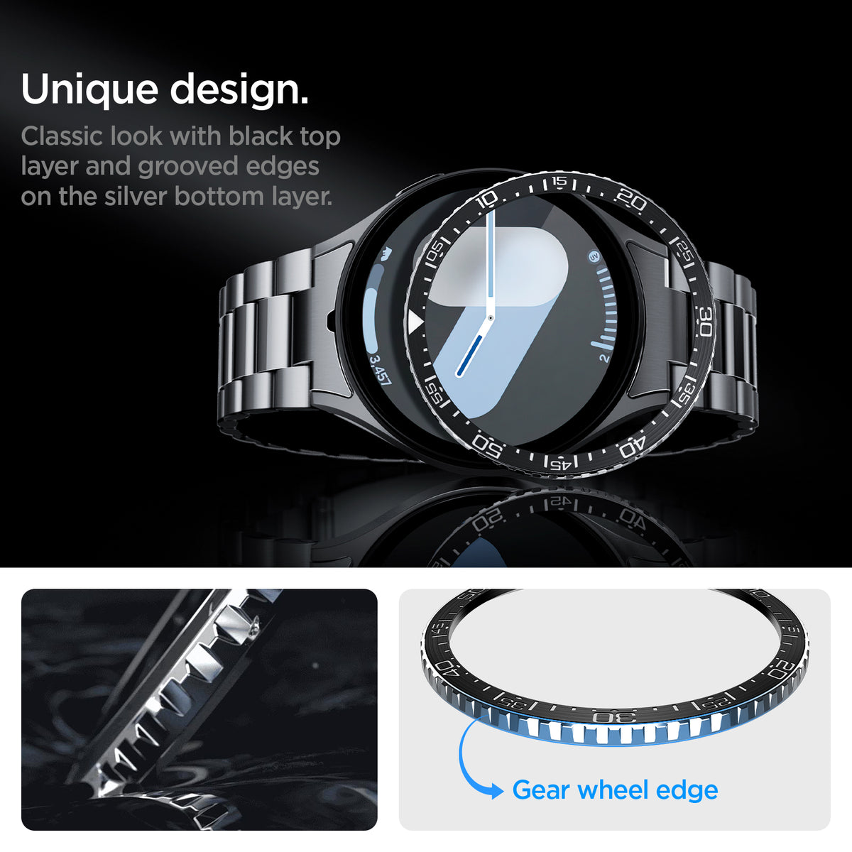 ACS08339 - Galaxy Watch 7 (44mm) Bezel Tune in Black  unique design classic look with black top layer and grooved edges on the silver bottom layer. gear wheel edge.