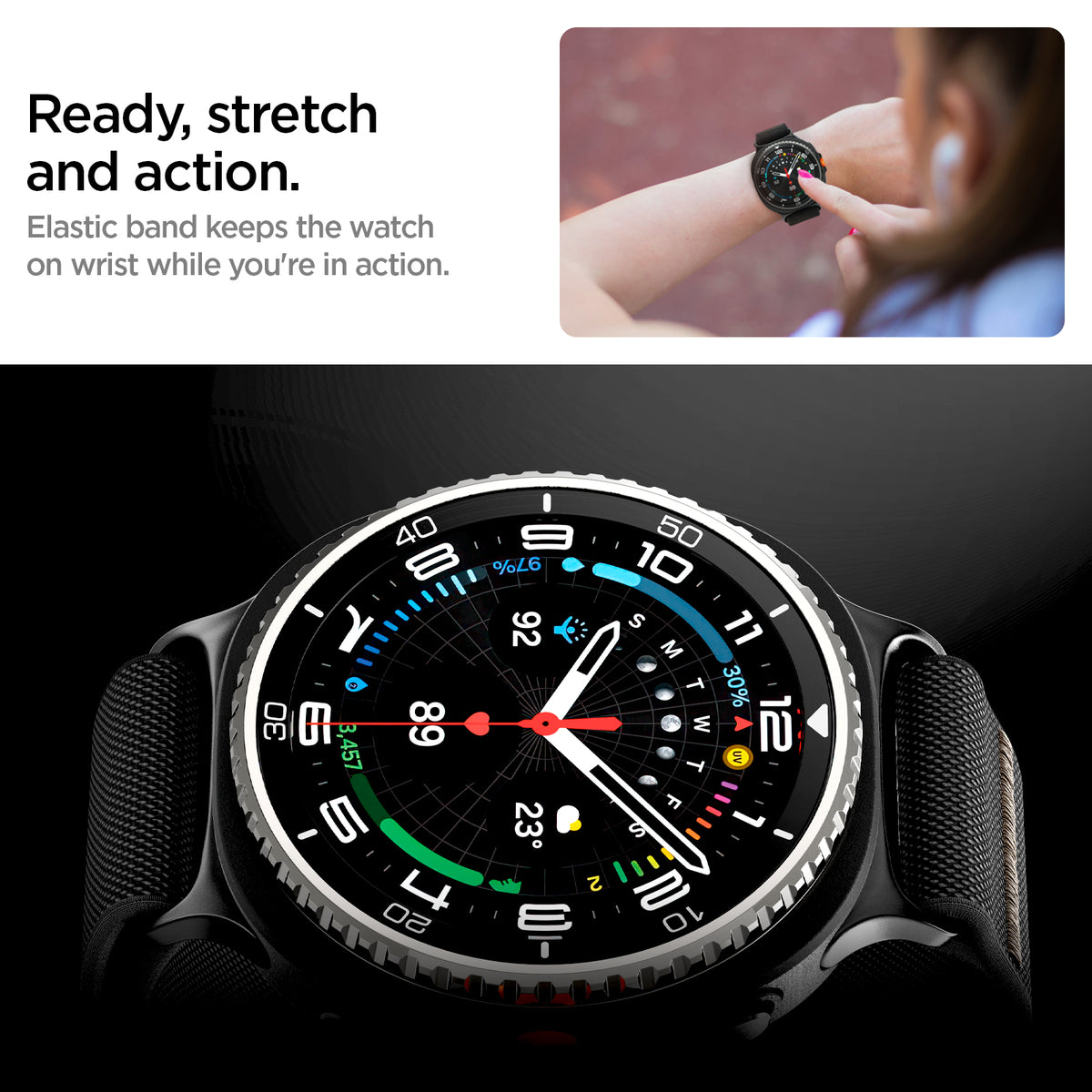 AMP10117 - Galaxy Watch 9 Series Lite Fit Band showing ready, stretch and action. Elastic band keeps the watch on wrist while you're in action