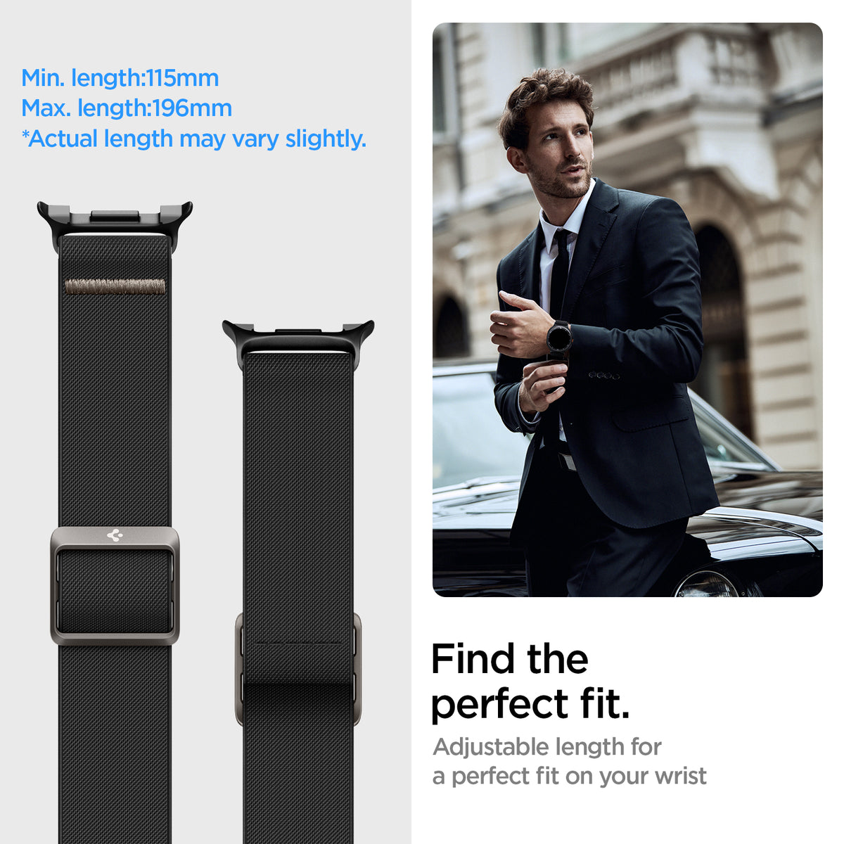 AMP10117 - Galaxy Watch 9 Series Lite Fit Band showing find the perfect fit. Adjustable length for a perfect fit on your wrist.