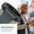 ACS09840 - Galaxy Watch 9 (44mm) Liquid Air showing raised edge protection detail with lifestyle shot of woman wearing the cased watch outdoors