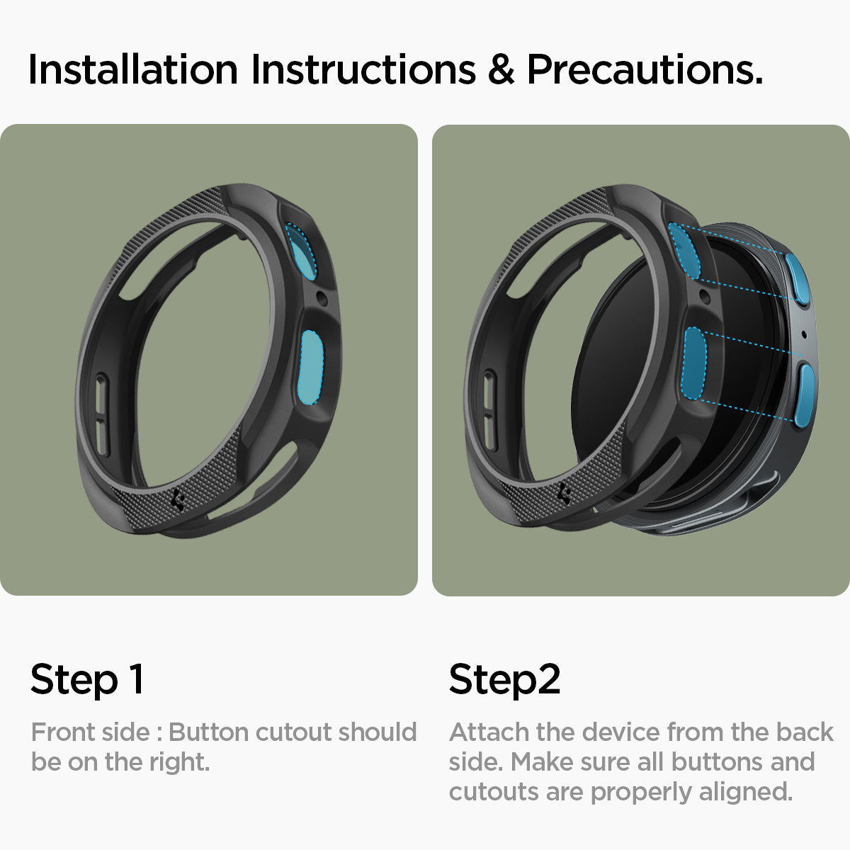 ACS09839 - Galaxy Watch 9 (40mm) Liquid Air showing two-step installation instructions with front and back alignment guides