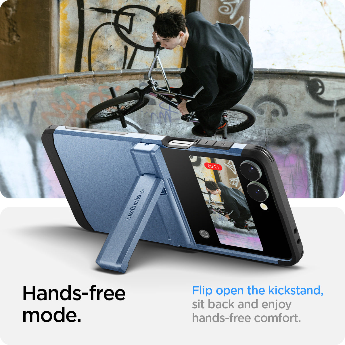 ACS09562 - Galaxy Z Flip 7 Case Tough Armor Pro (MagFit) in sierra blue showing the hands-free mode. Flip open the kickstand, sit back and enjoy hands-free comfort