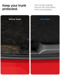 ACP11540 - Tesla Series Trunk Sill Guard showing a comparison of a trunk sill area with and without the guard to reduce dirt and debris buildup