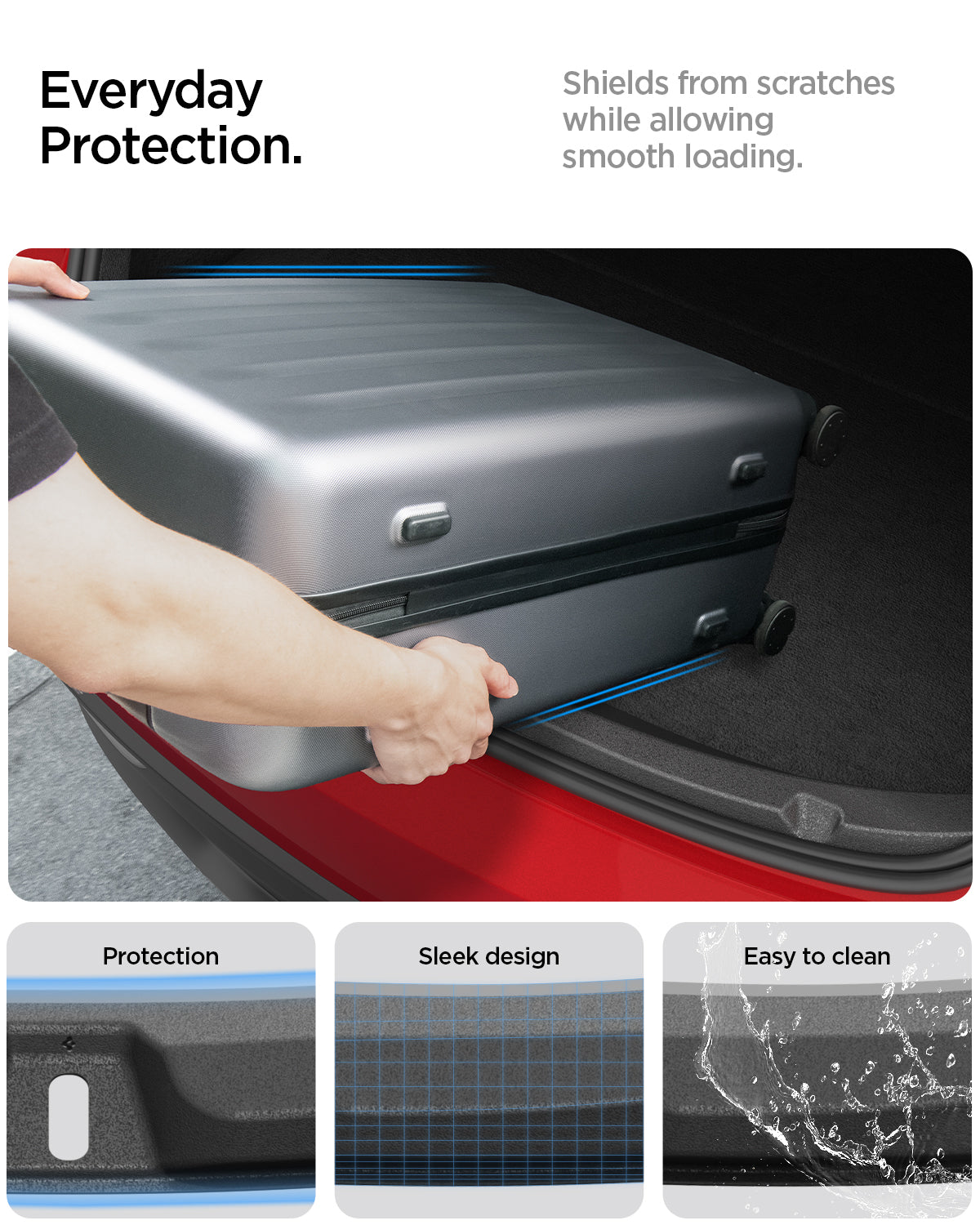 ACP11540 - Tesla Series Trunk Sill Guard showing a trunk sill guard protecting the loading edge from scratches with a sleek, easy-to-clean surface