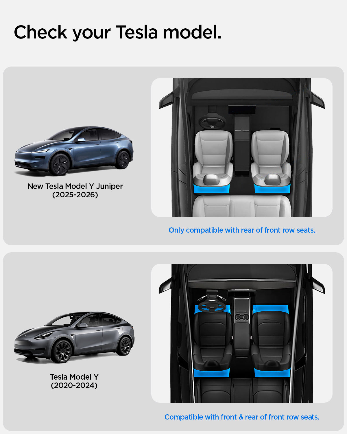ACP05757 - Model Y (2021-2026) Underseat Storage Box | TO222 showing the compatibility only with New Tesla Model Y Juniper (2025-2026) Only compatible with rear of front row seats. Tesla Model Y (2020-2024) Compatible with front & rear of front row seats